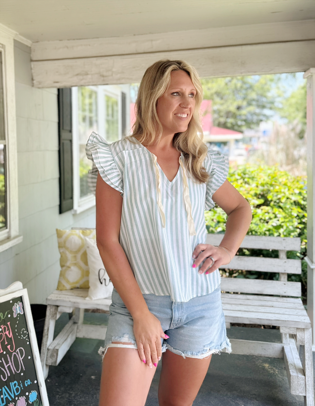 Green & White Striped Top