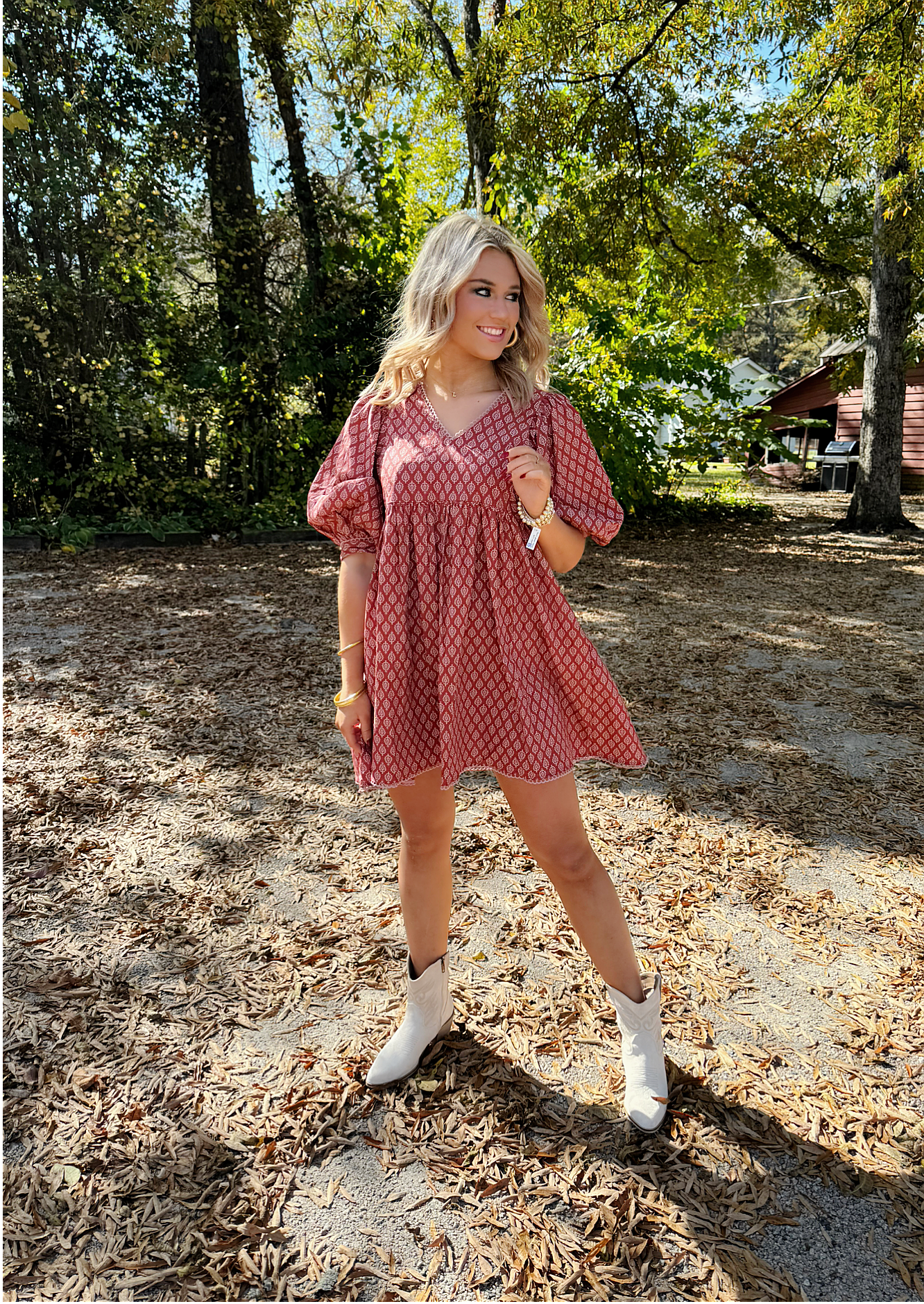 Printed Babydoll Dress W/ Puff Sleeves