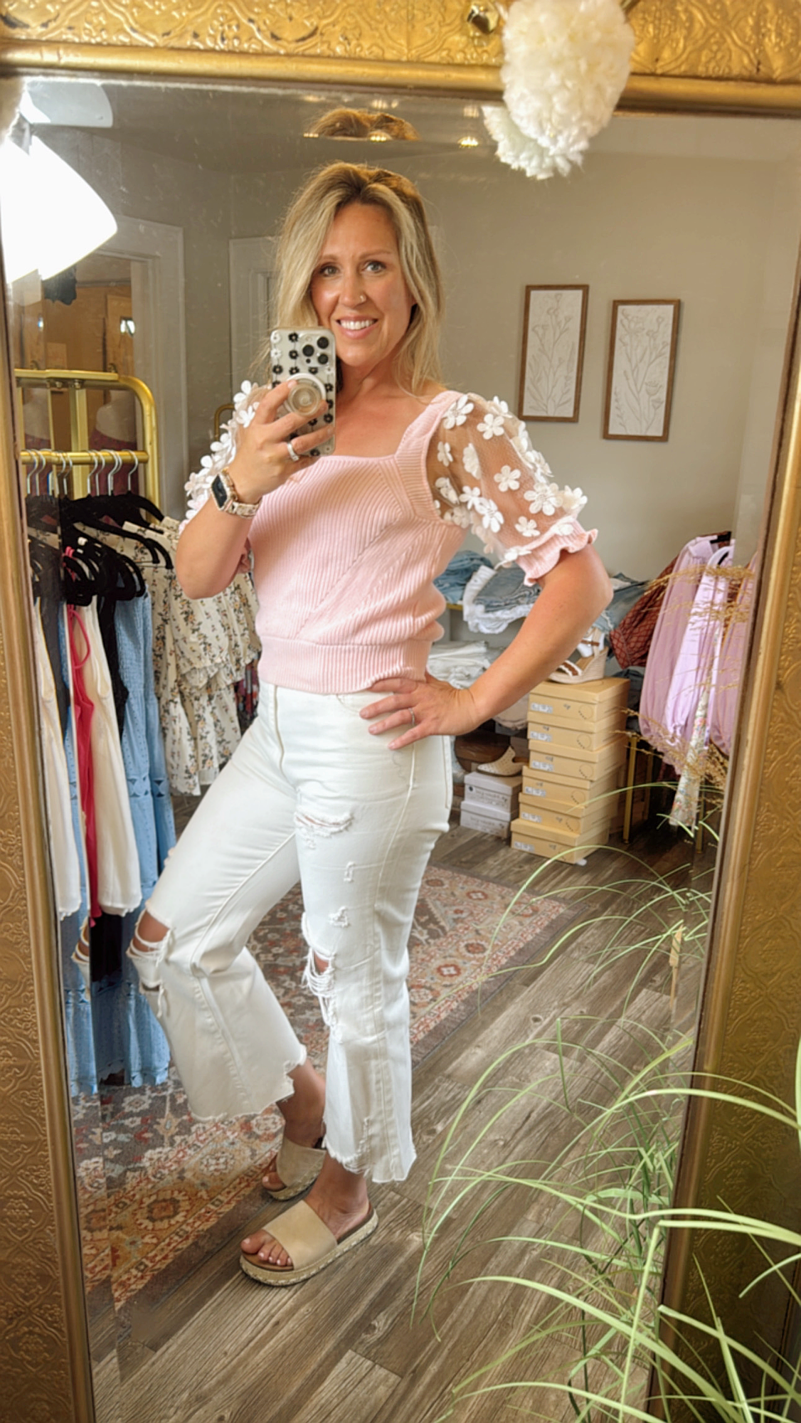 Blush Lace Puffed Sleeve Sweater Top