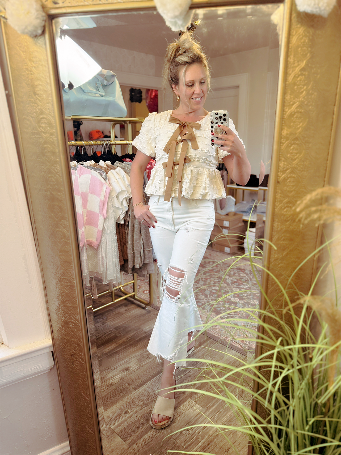 Cream w/Brown Bows Top