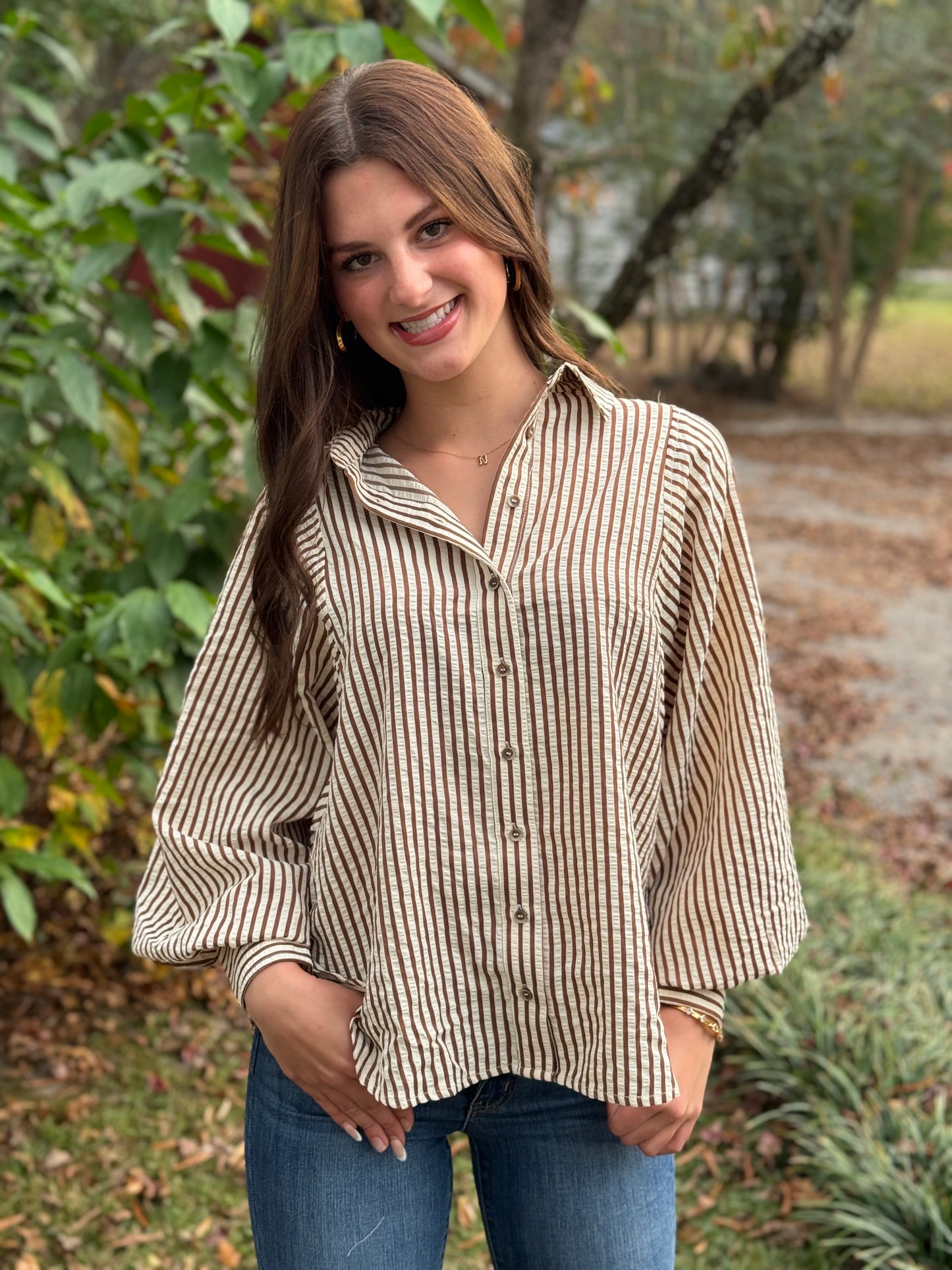 Brown and White Striped Button Down