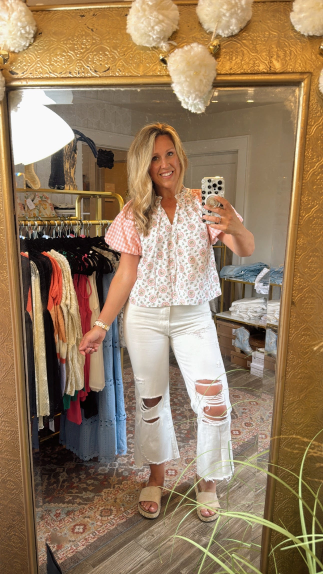 Mixed Print Bubble Sleeve Top